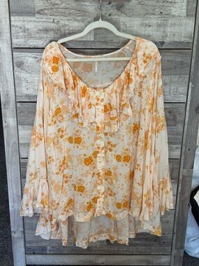 Free People Cream Blouse with Yellow Floral Ruffle